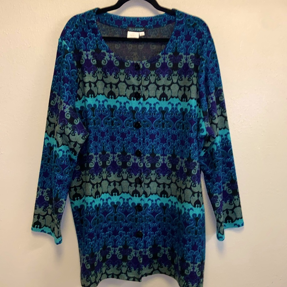Ulla Popkin Plus Size Blue Purple Colorful Persian Pattern Button-down Cardigan
